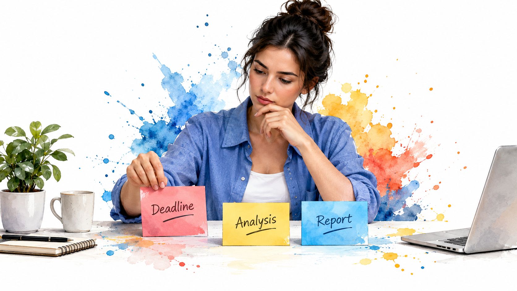 A woman thinking while organizing notes labeled Deadline, Analysis, and Report on her desk at work.