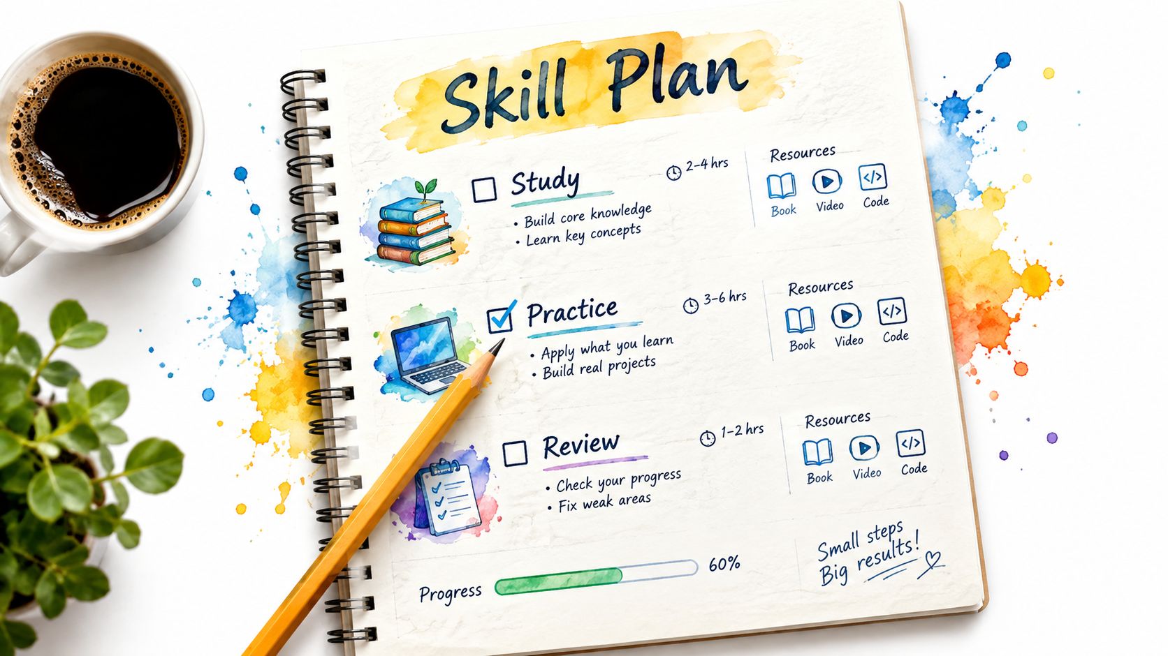 An open notebook on a desk displays a structured skill plan with study, practice, and review sections.