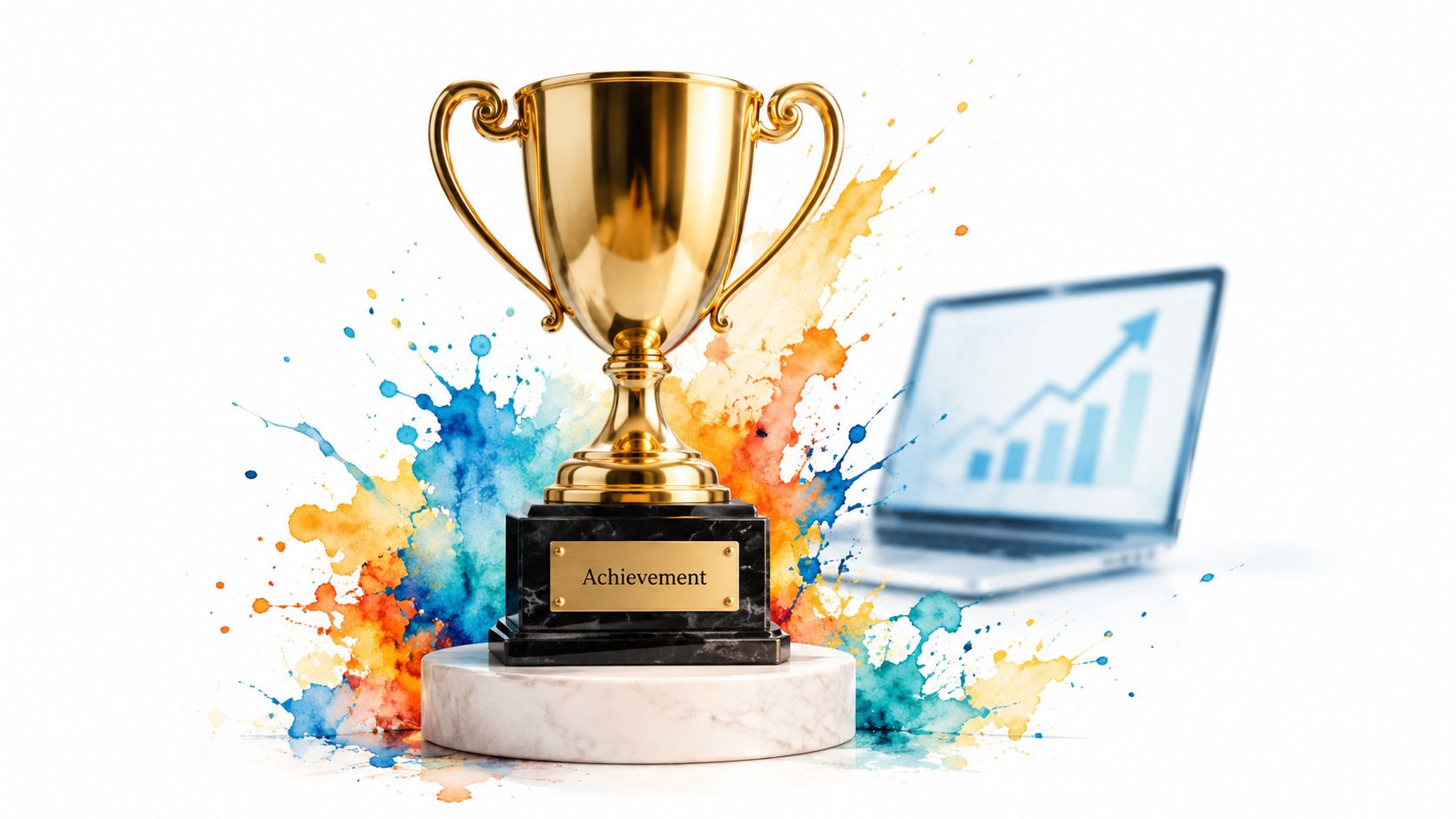 A gold trophy sits on a marble stand with vibrant watercolor paint splatters and a blurred laptop.
