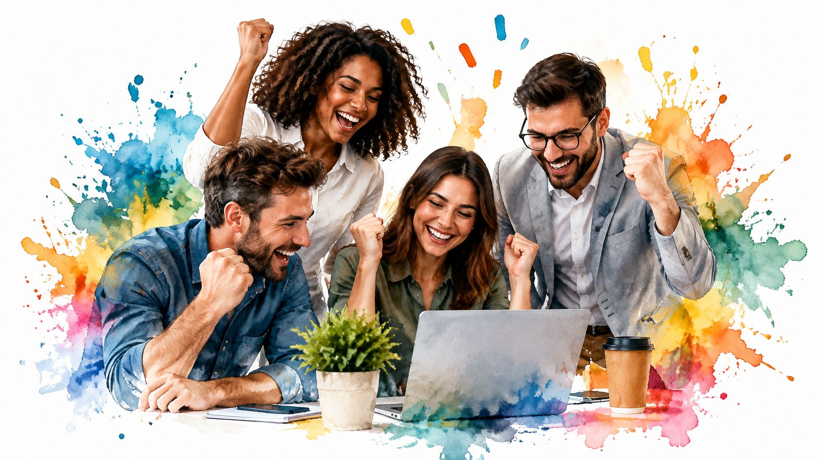 A diverse group of four joyful colleagues celebrating a successful achievement together in a creative office space.