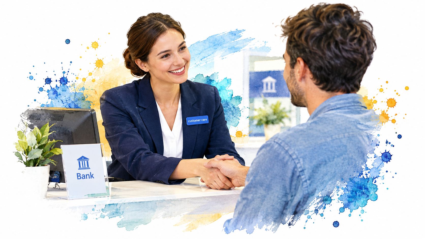 A friendly bank customer service representative shaking hands with a client at a modern branch desk.