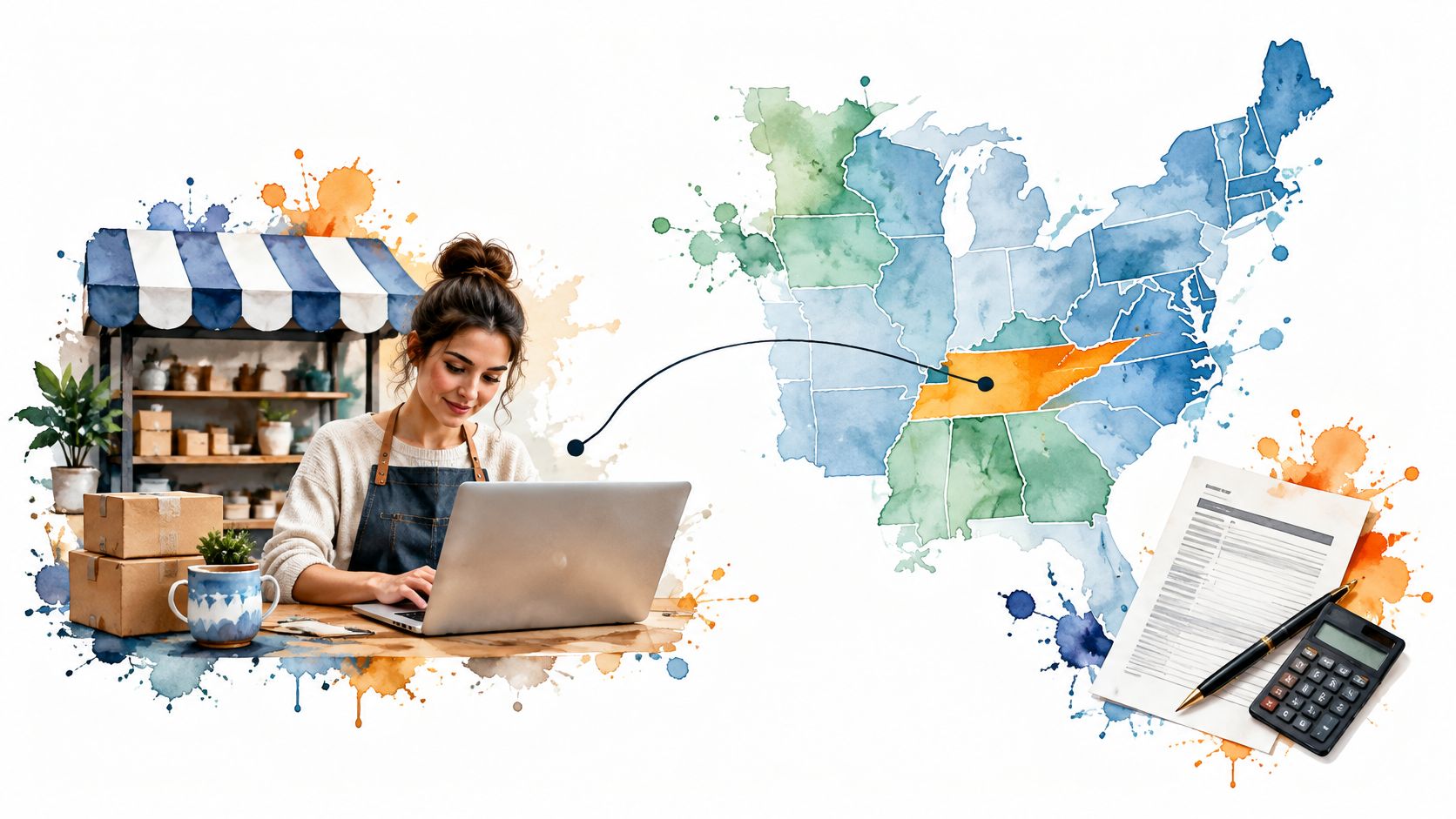 A small business owner using a laptop to manage online sales and tax reporting for her shop.