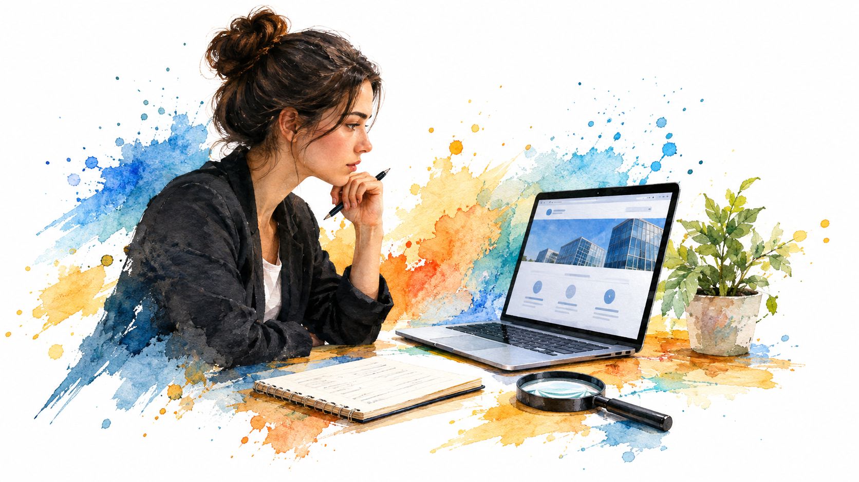 A professional woman with a hair bun sitting at a desk and reviewing job opportunities on her laptop.