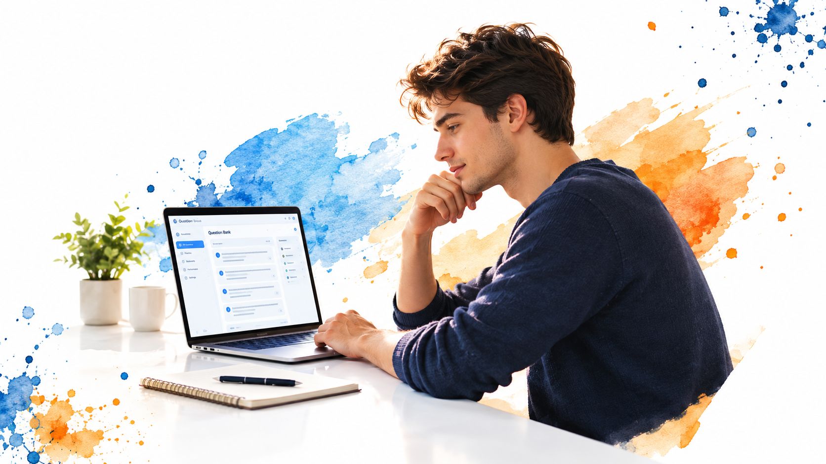 A young man sitting at a desk studying on a laptop with an artistic watercolor background.