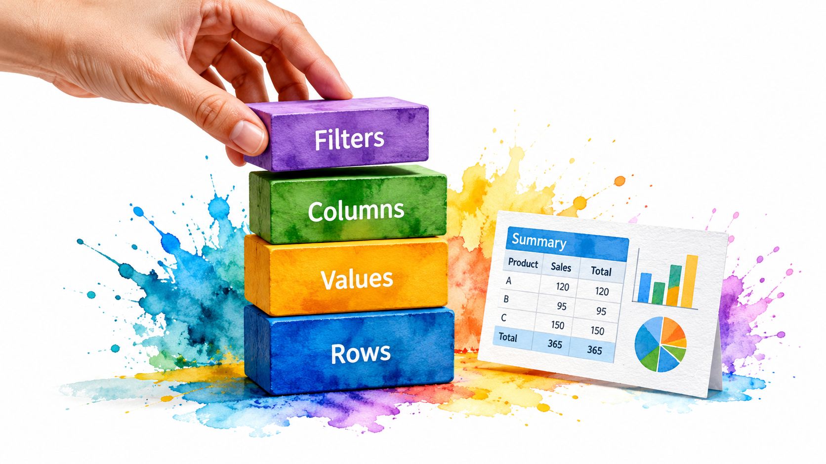 A hand placing a block labeled Filters atop a stack of colorful Excel pivot table concept blocks.