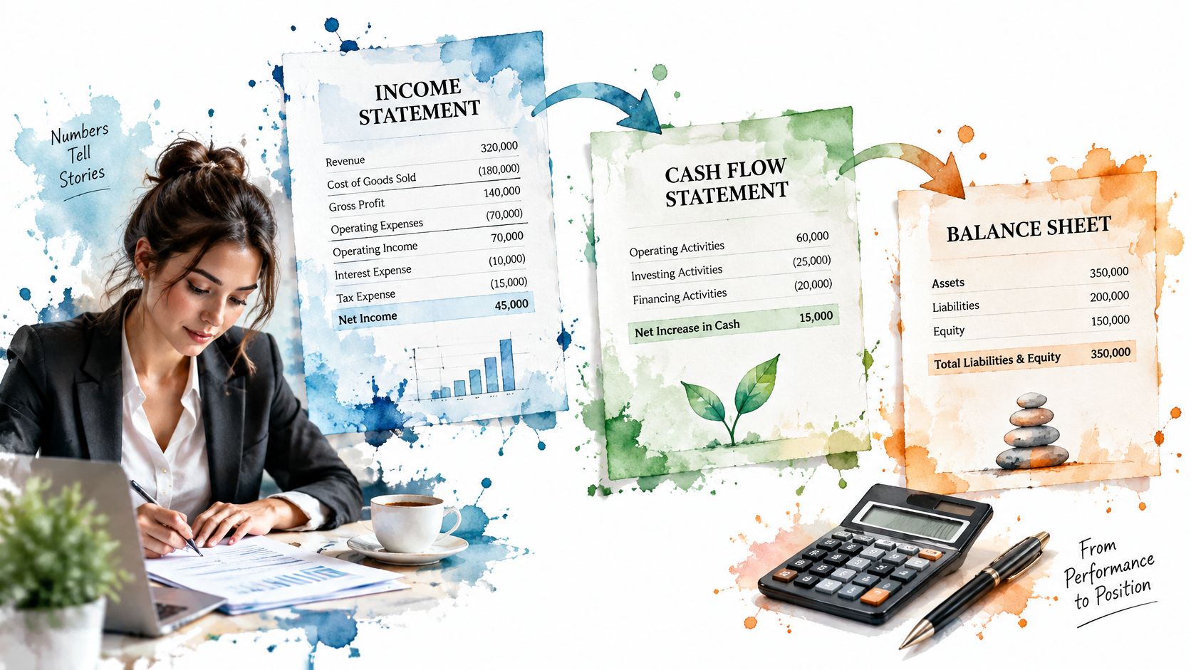 A professional woman working at her desk with visual illustrations of income statement, cash flow, and balance sheet.