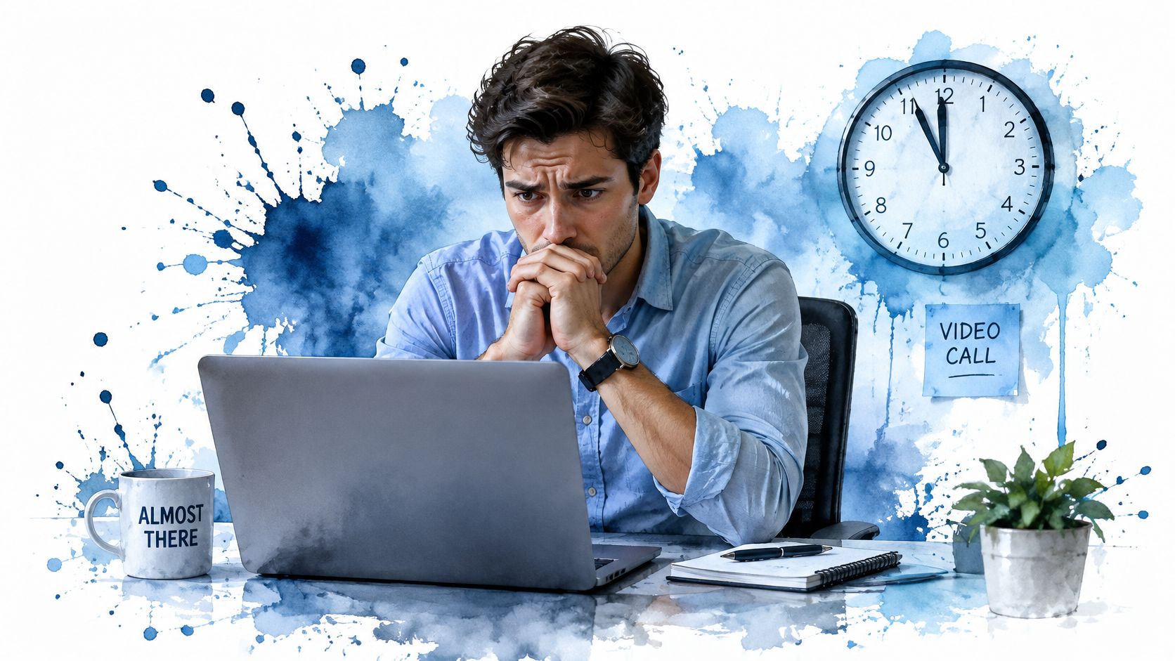 A concerned young professional sitting at a desk with a laptop, looking anxious before a video call.