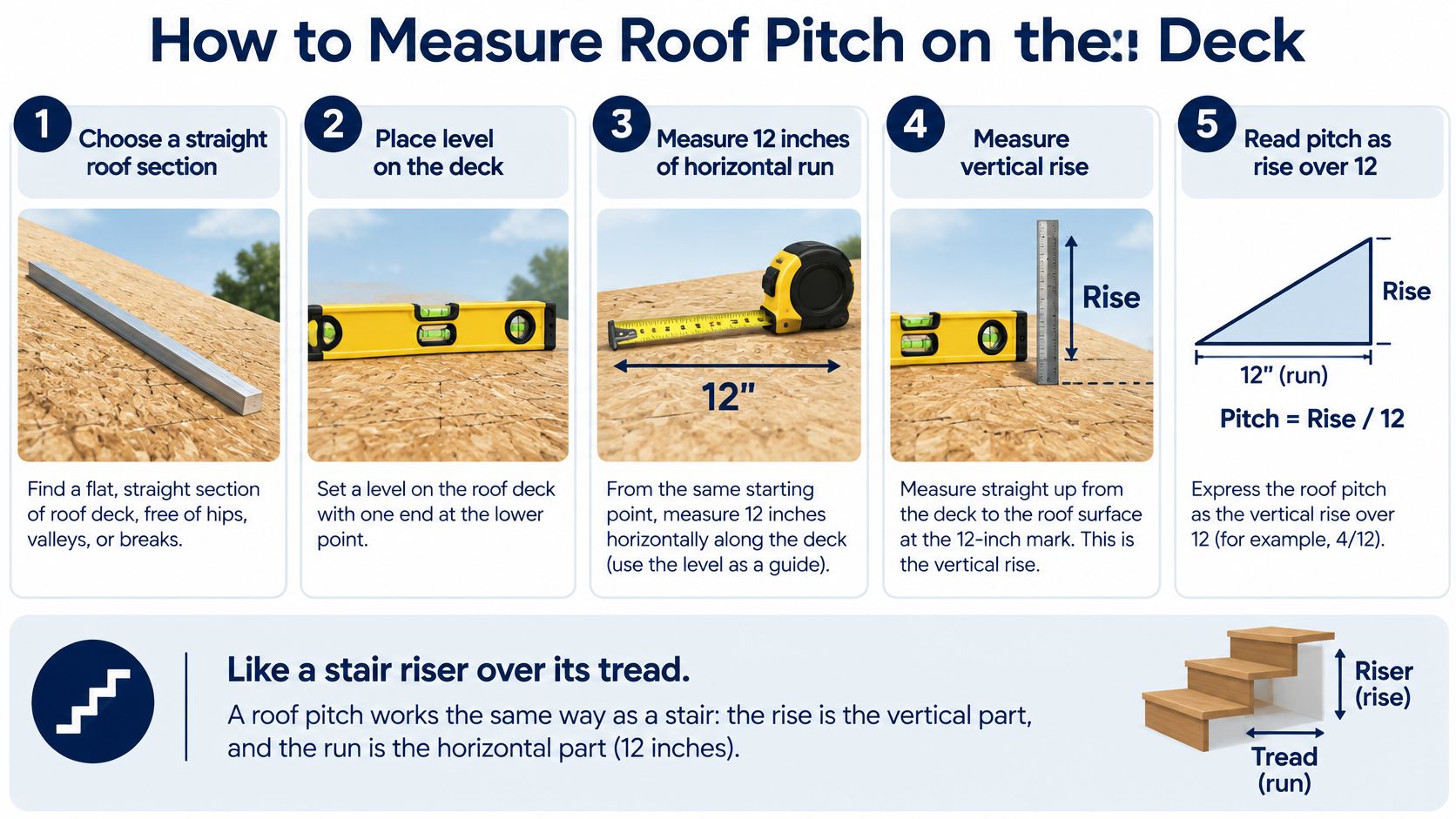 A 5-step instructional guide on how to measure roof pitch using a level and a tape measure.