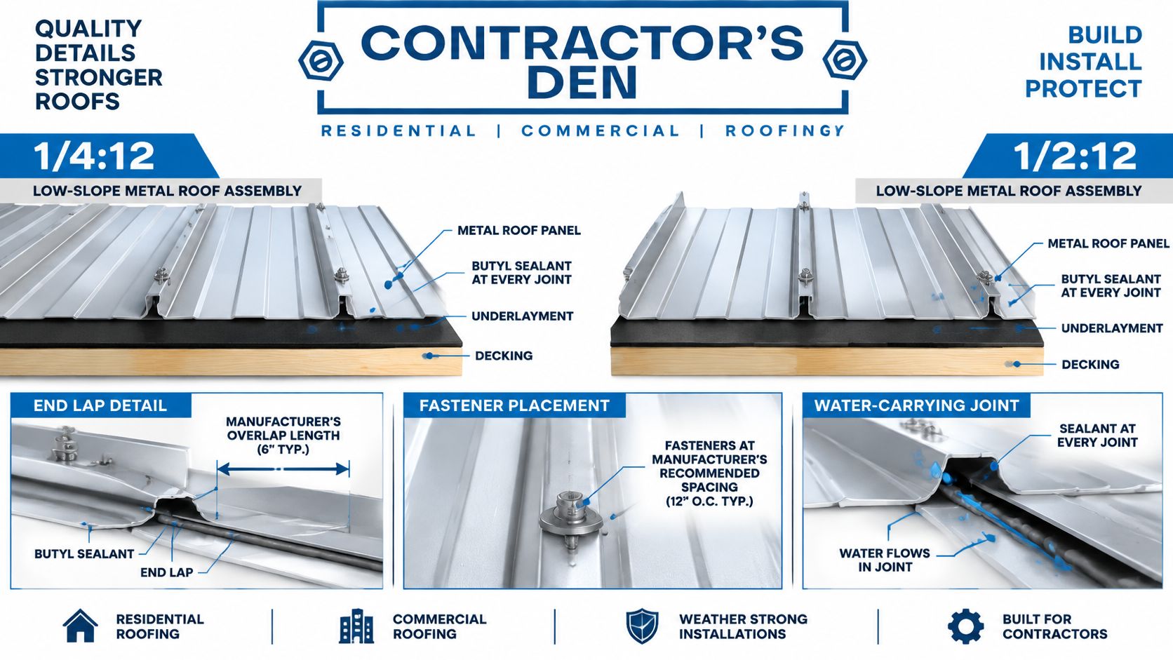 An infographic detailing low-slope metal roof assembly requirements including panel joints, butyl sealant application, and fastener spacing.