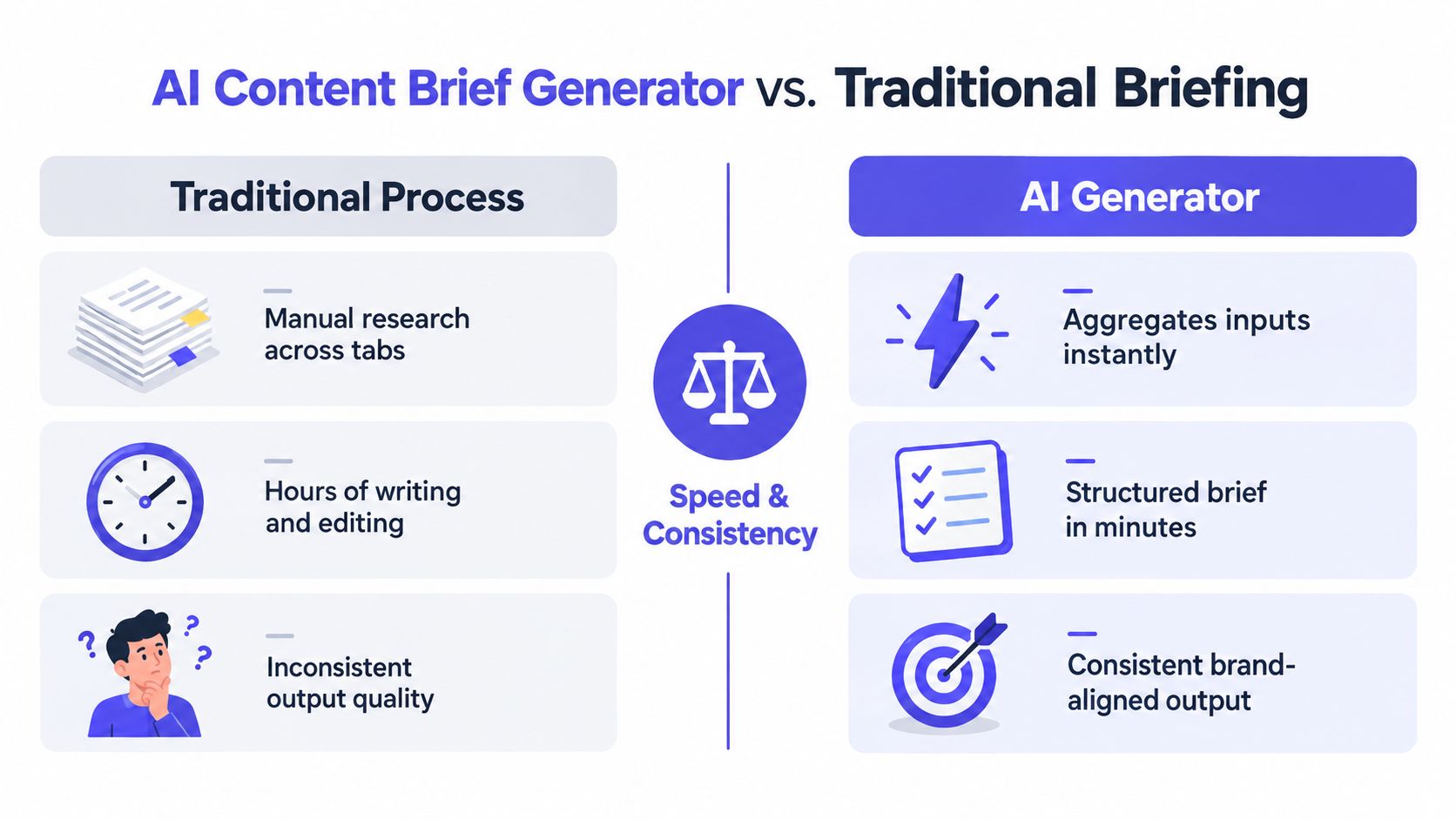 A comparison infographic highlighting the advantages of using an AI content brief generator over traditional manual processes.