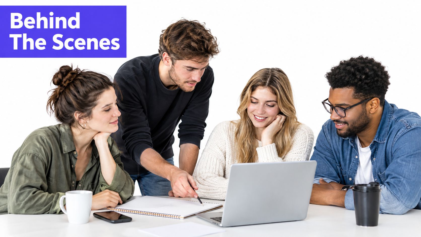 A diverse group of four young professionals collaborating together around a laptop and notebook in a bright office.