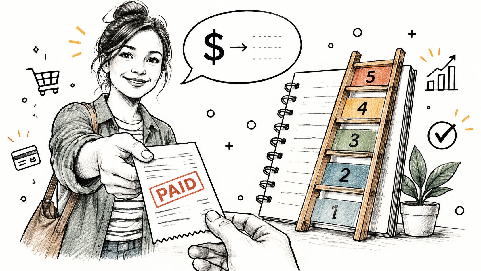 A woman handing over a paid receipt next to a notepad featuring a five-step progress ladder.