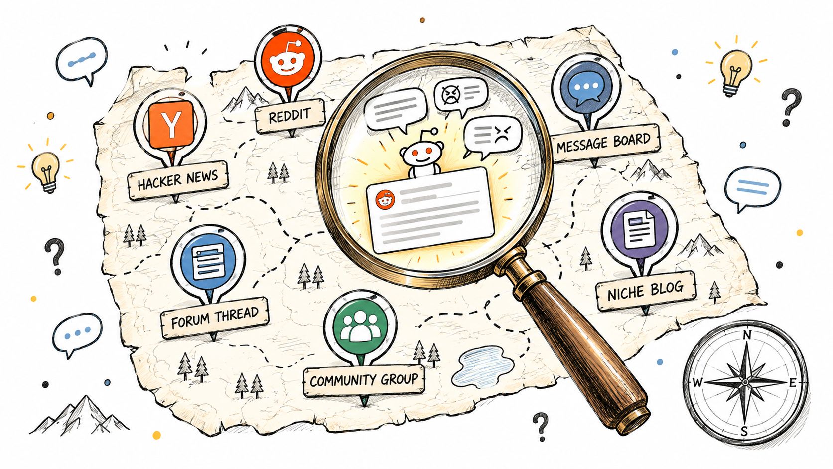 A conceptual map featuring a magnifying glass exploring various online community platforms and discussion forums for startup insights.