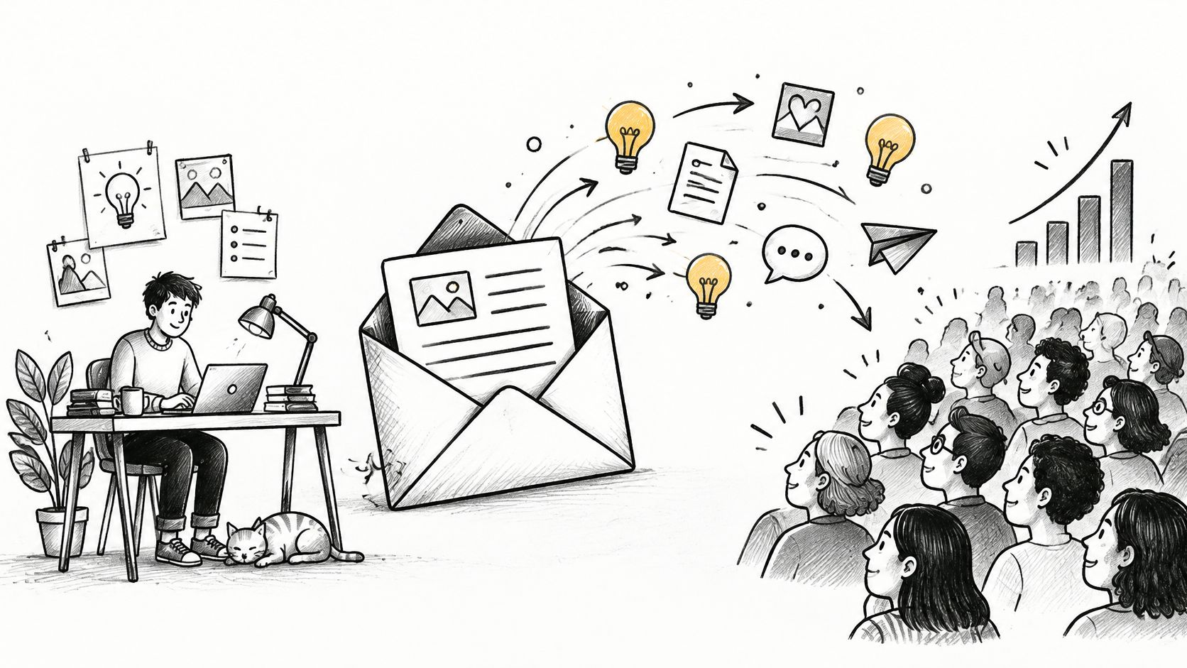 A person writing an email at a desk reaching a large crowd of people with creative ideas.