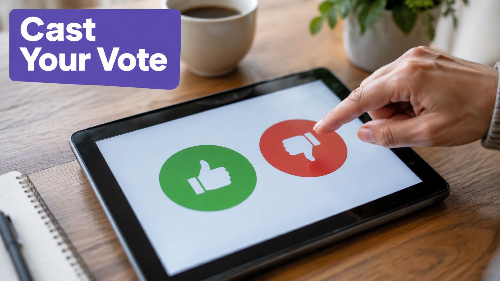 A person pressing a thumbs down icon on a digital tablet screen while casting a vote.