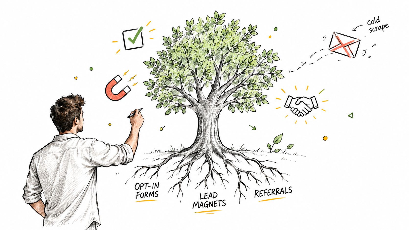 A hand-drawn illustration showing a man brainstorming effective lead generation strategies like opt-in forms, lead magnets, and referrals.