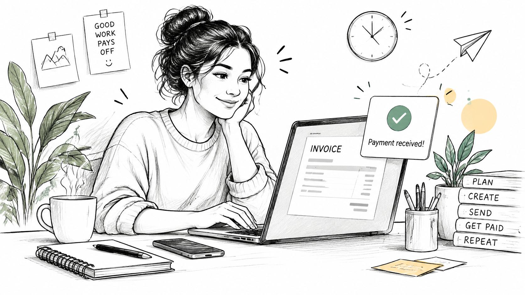 A creative professional woman smiling while looking at a laptop screen showing a successful payment received notification.