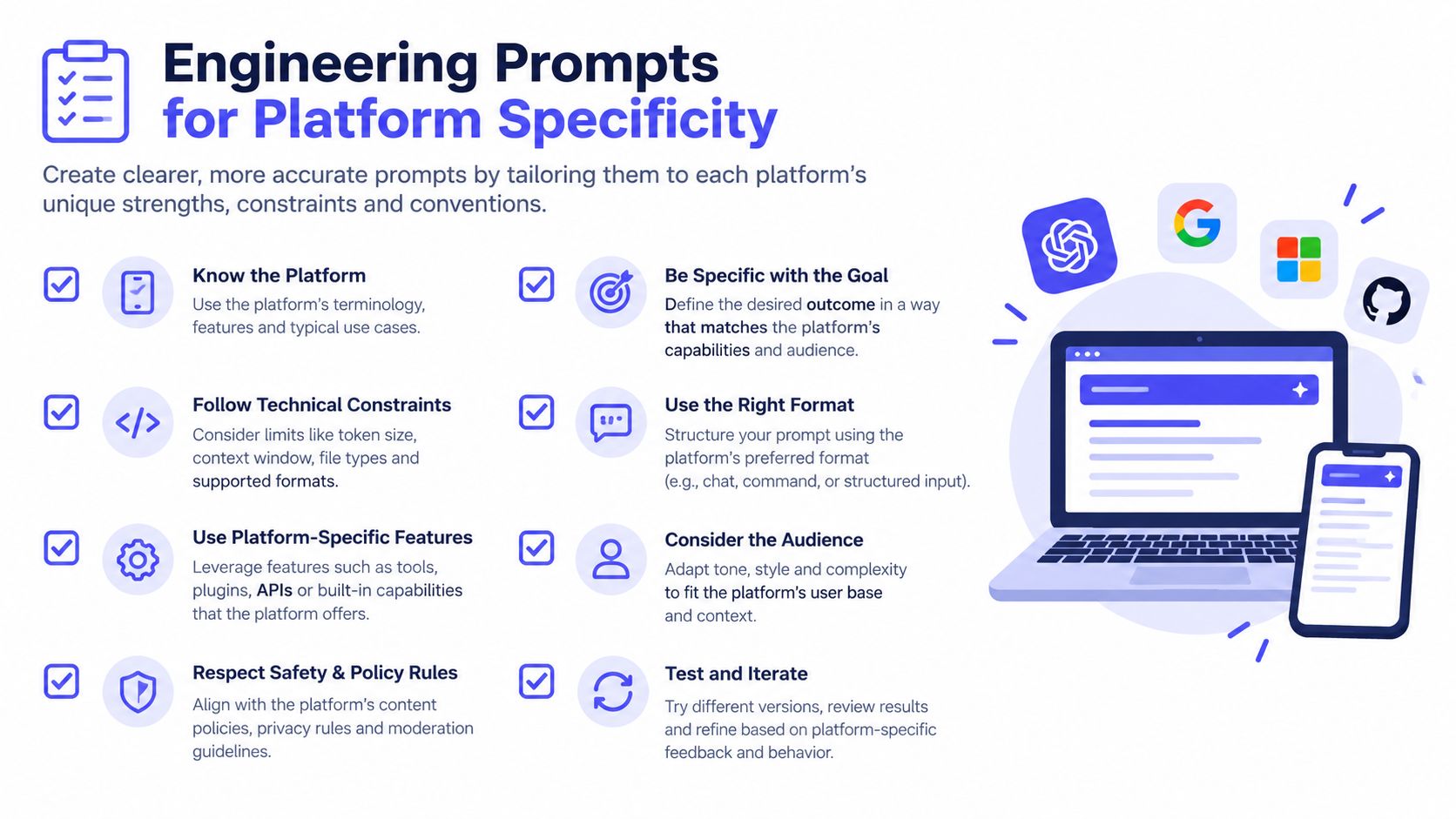 A visual guide illustrating key steps for engineering effective AI prompts tailored to different digital platforms.