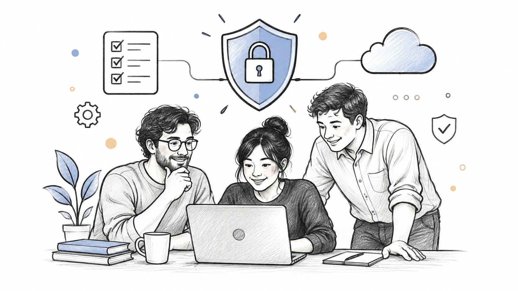 A diverse team of professionals collaborating on a laptop with digital icons representing cybersecurity and cloud infrastructure.