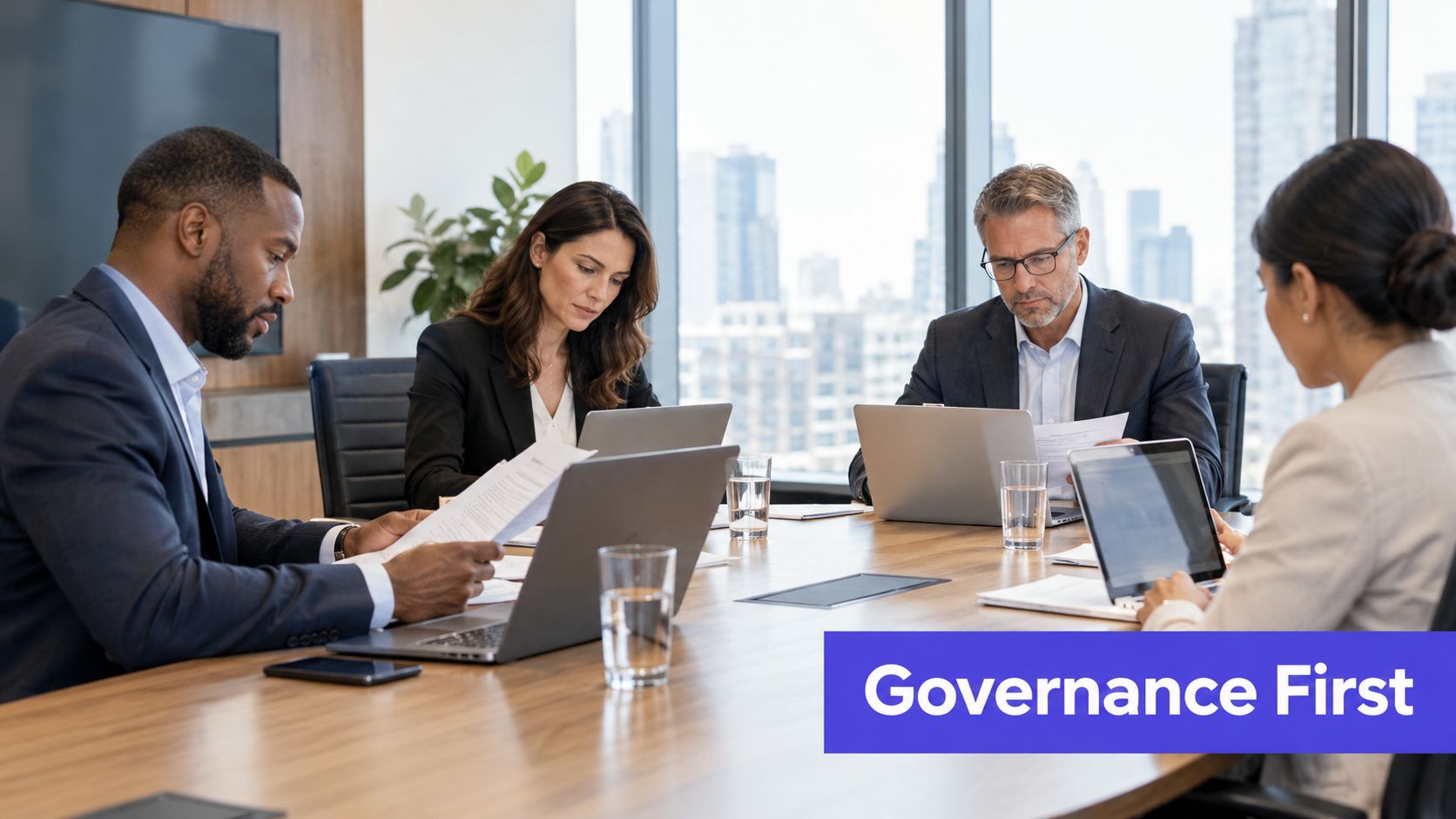 A professional team of business people collaborating during a boardroom meeting with laptops and documents.