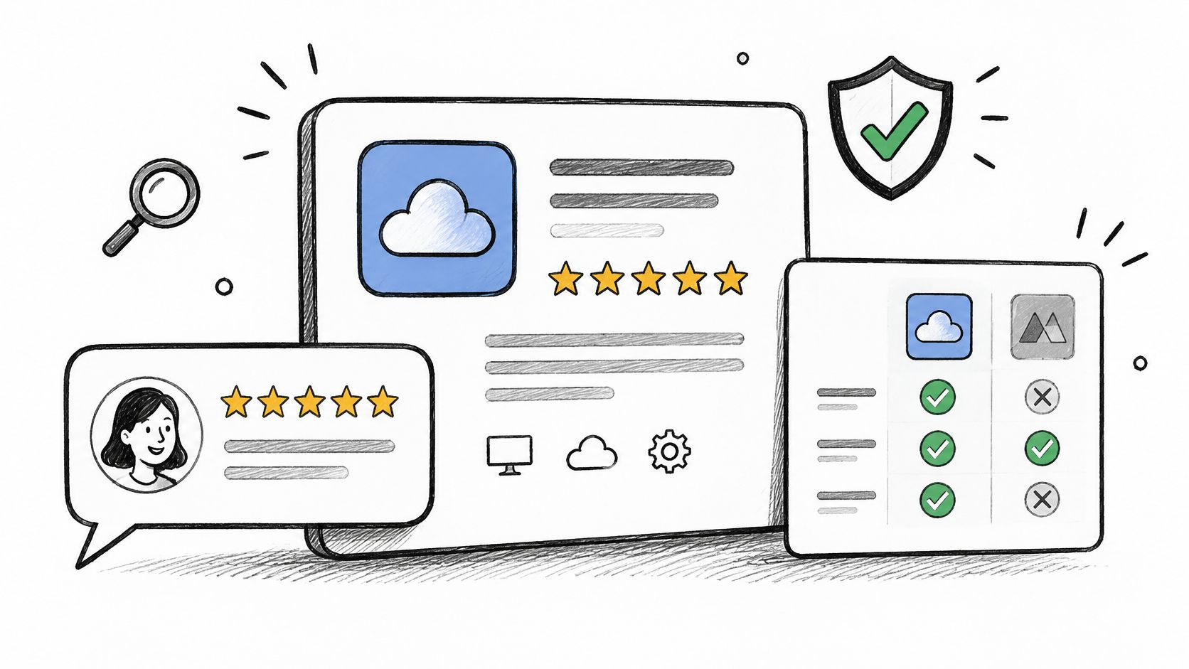 A hand-drawn illustration depicting software reviews, rating stars, security shields, and a feature comparison checklist.