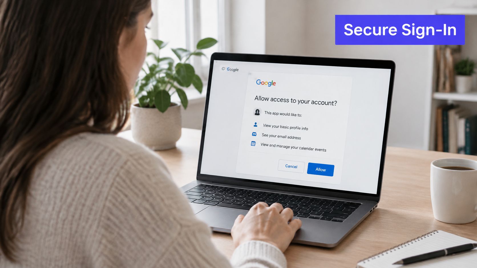 A woman using a laptop to securely sign in to an application via her Google account.