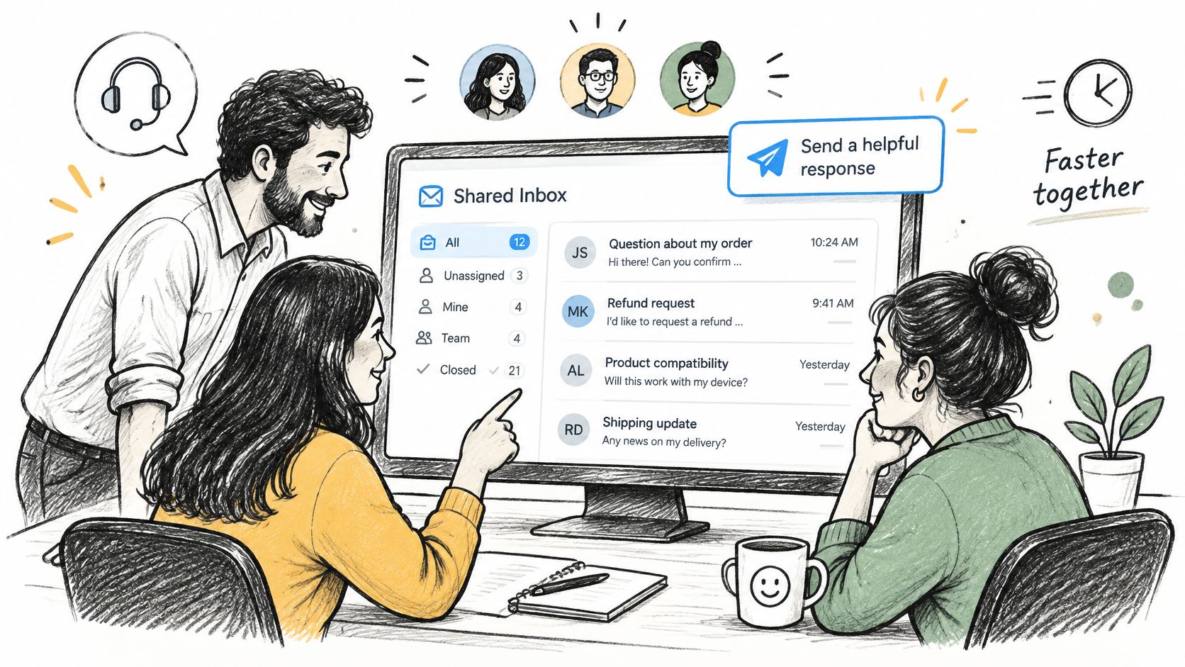 A diverse team collaborating in an office environment to manage a shared digital customer support inbox.