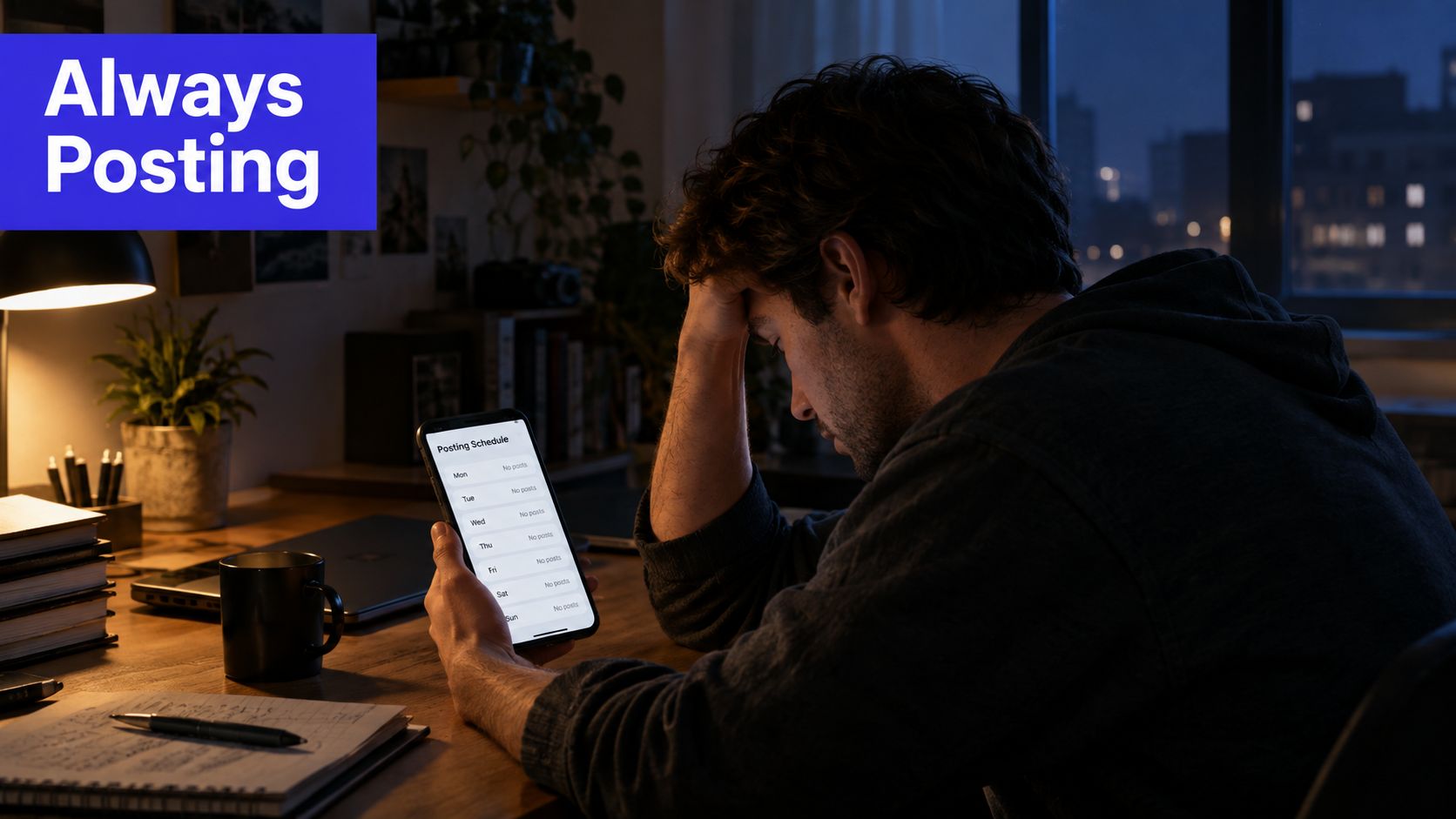 A stressed man looking at a phone screen displaying an empty social media posting schedule at night.