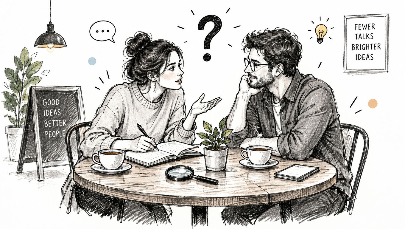 A man and a woman sitting at a café table discussing startup ideas with sketches and notebooks.