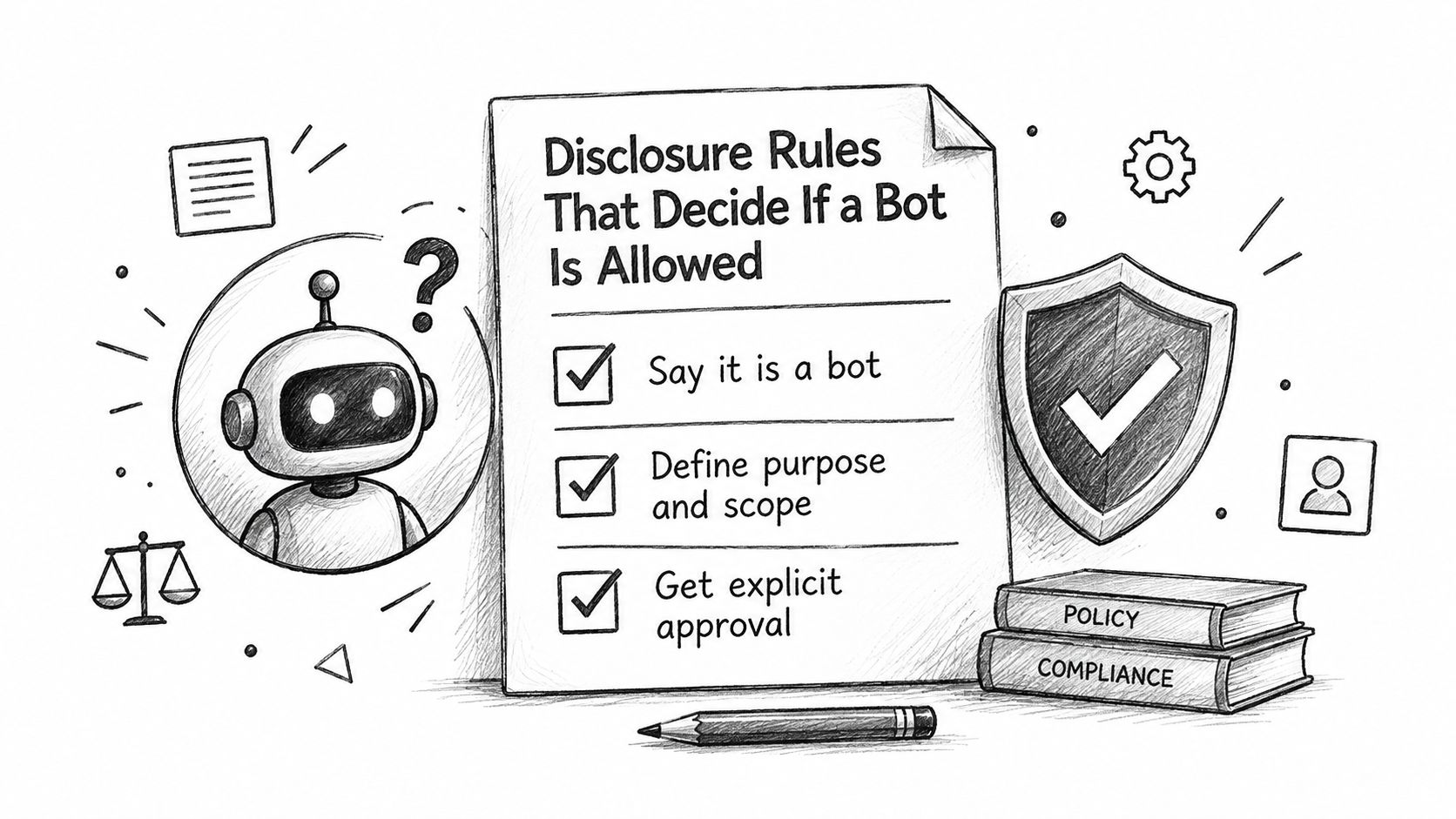 A pencil sketch illustrating bot disclosure rules including identifying as a bot, defining purpose, and getting approval.