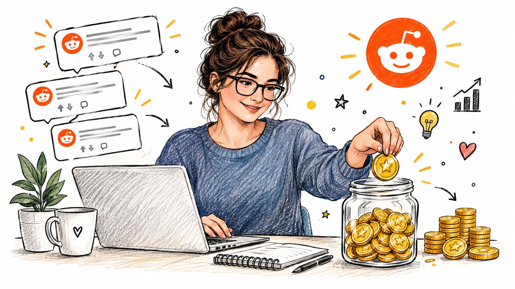 A woman using a laptop to engage on Reddit and save digital coins in a glass jar.