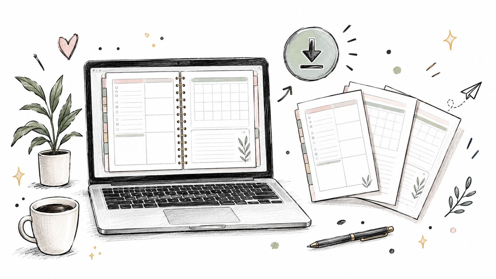 An artistic sketch of a laptop displaying a digital planner next to printed pages, a plant, and coffee.