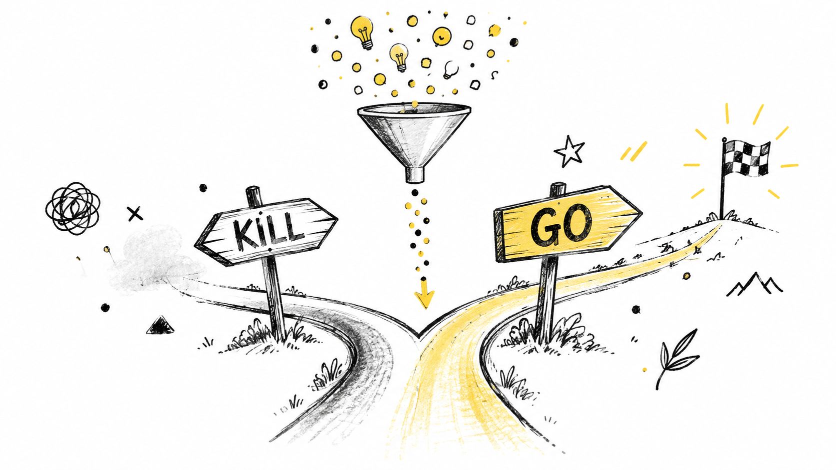 A hand-drawn illustration featuring a funnel filtering ideas into two paths, one marked kill and one marked go.