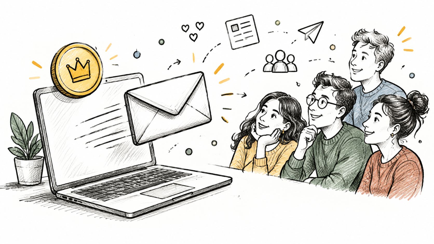 A digital illustration showing three people looking at a laptop screen with an envelope and crown coin.