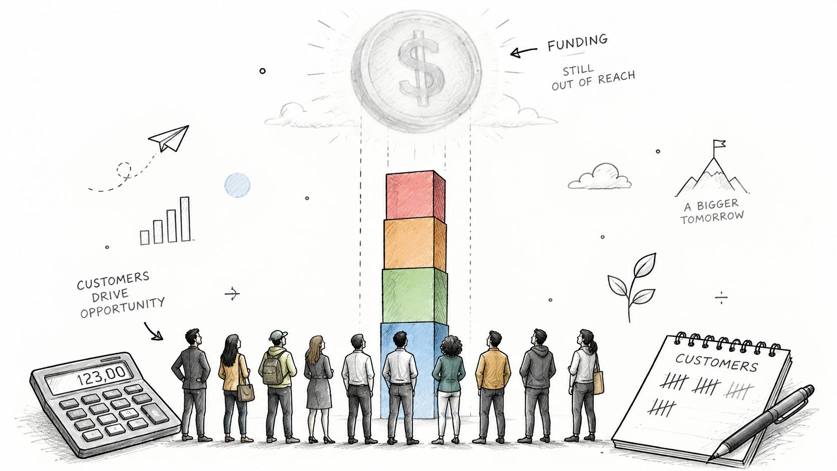 A group of professionals looking at a stack of colorful blocks reaching toward a floating dollar coin.