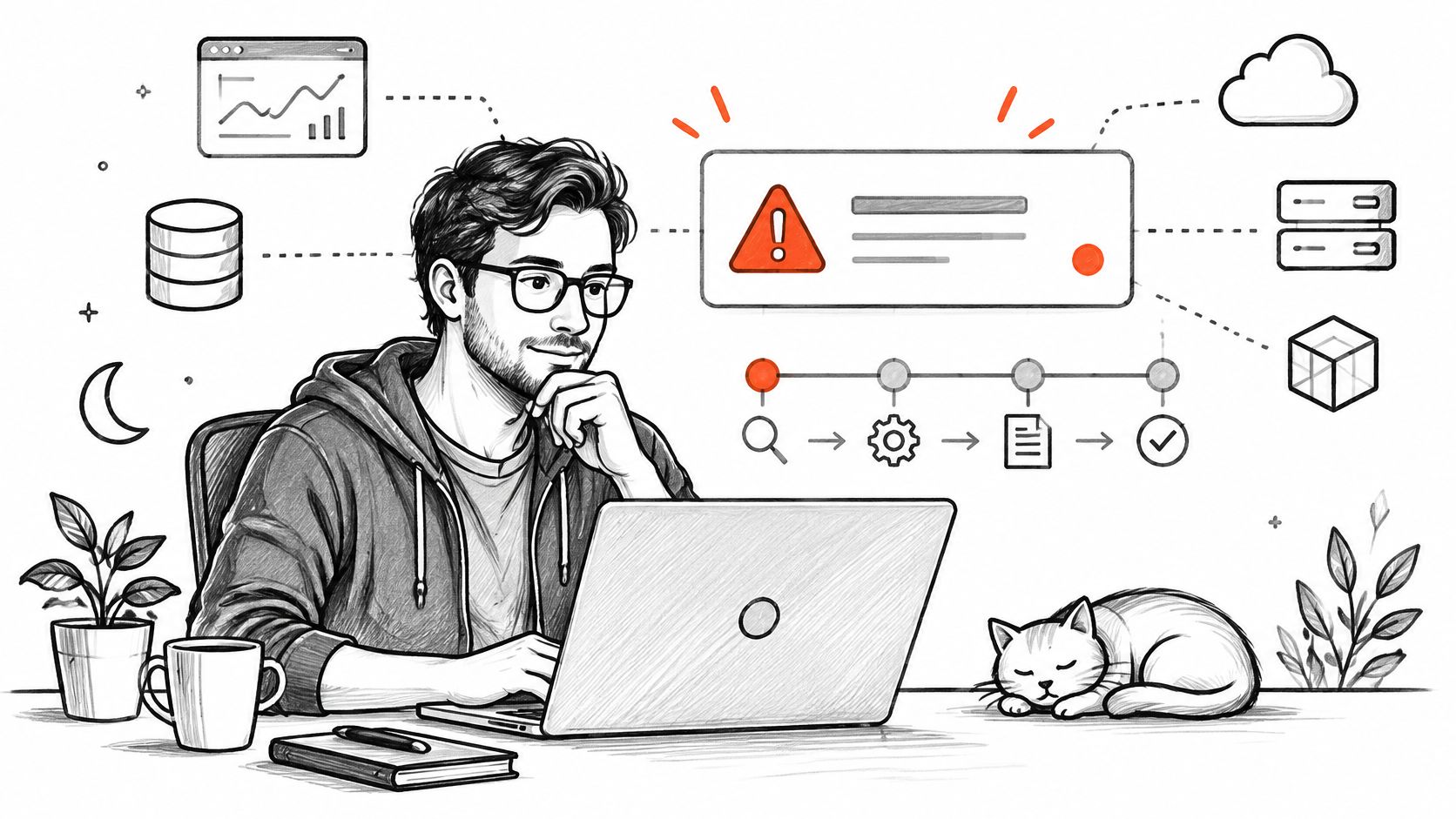 A digital illustration of a programmer working on a laptop with technical icons, alert notification, and cat.