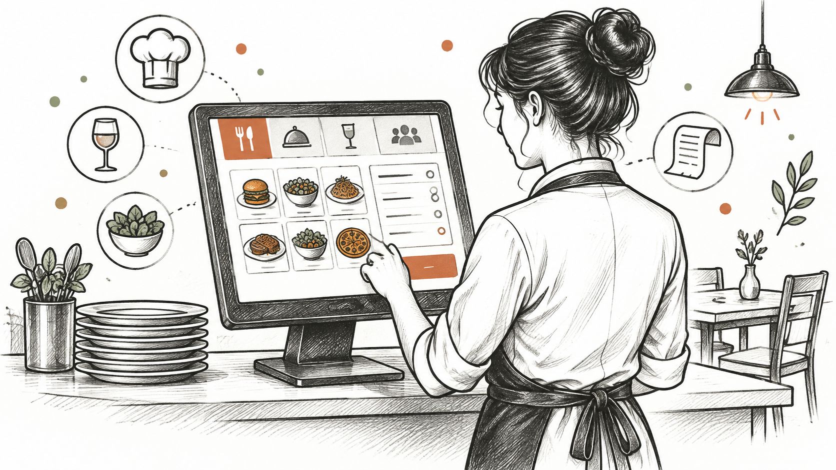 A waitress in an apron uses a touchscreen point of sale system in a restaurant setting.