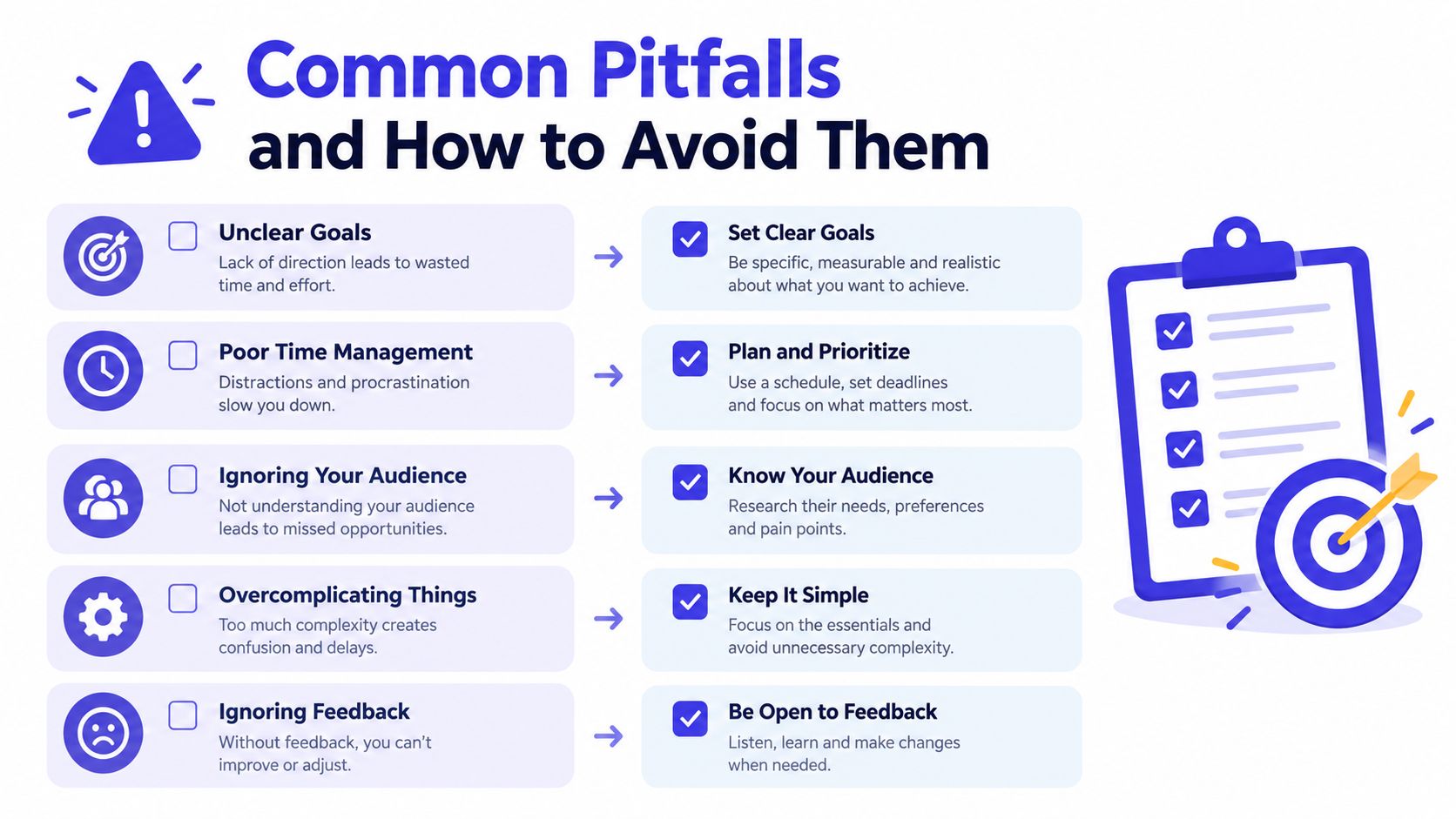 A visual guide showing common professional pitfalls and how to avoid them with clear actionable advice.