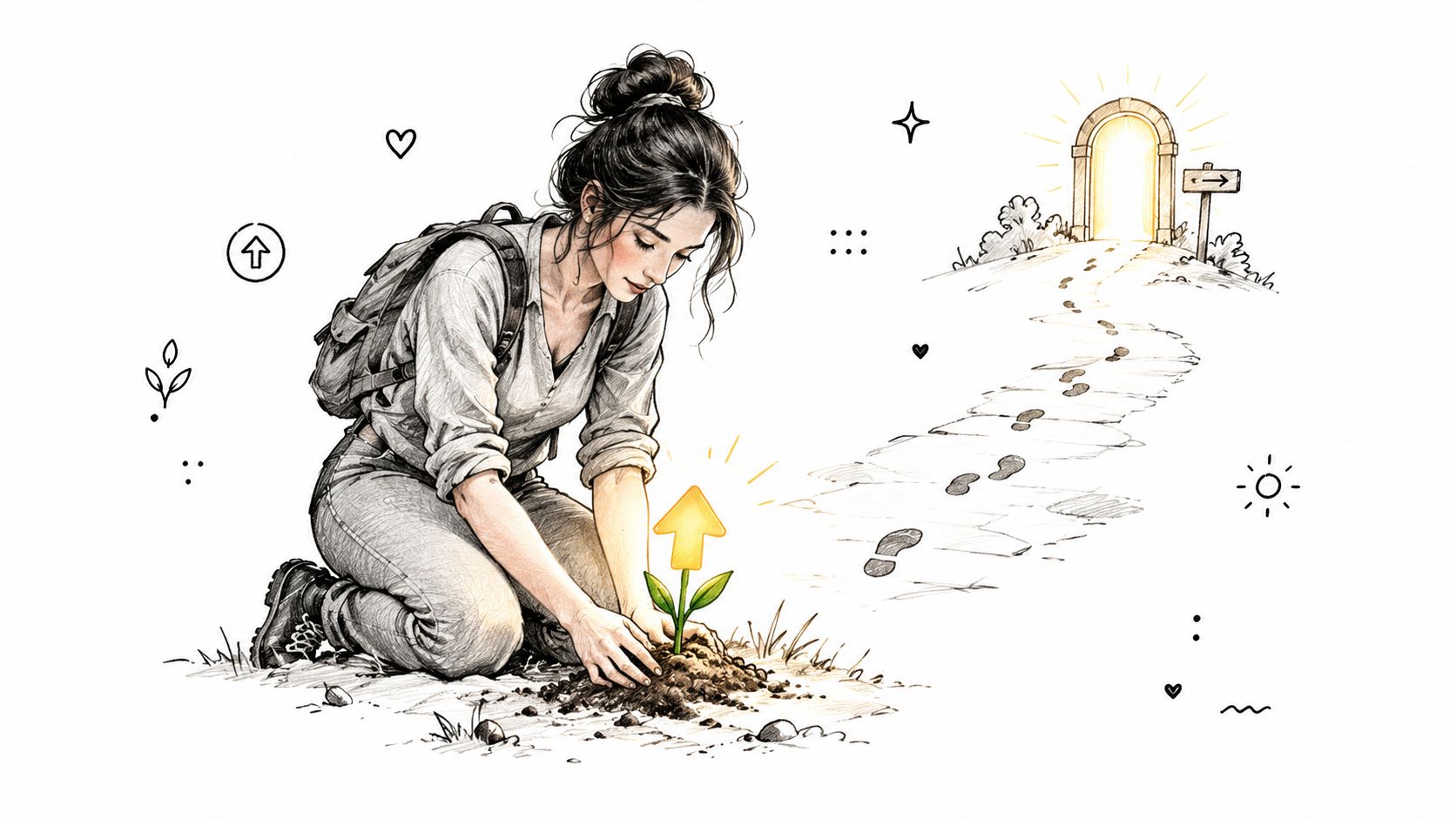 A woman kneeling in a field planting a glowing golden arrow sprout, symbolizing growth and pathfinding.