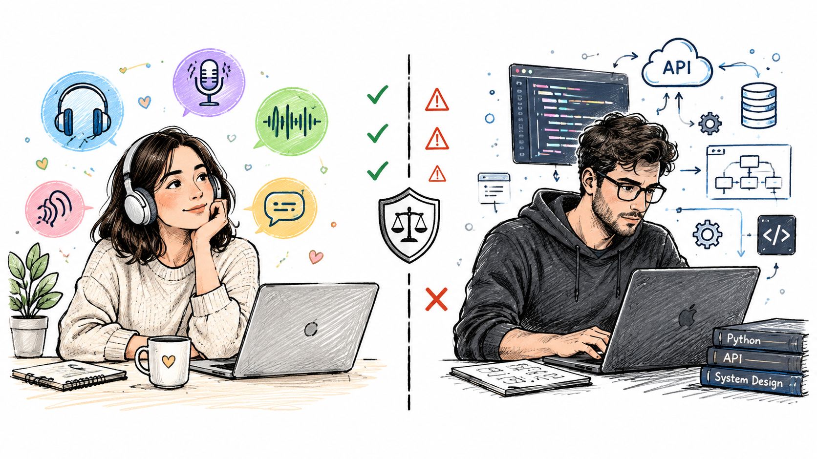 A split illustration showing a woman listening to audio content and a man coding on a laptop.