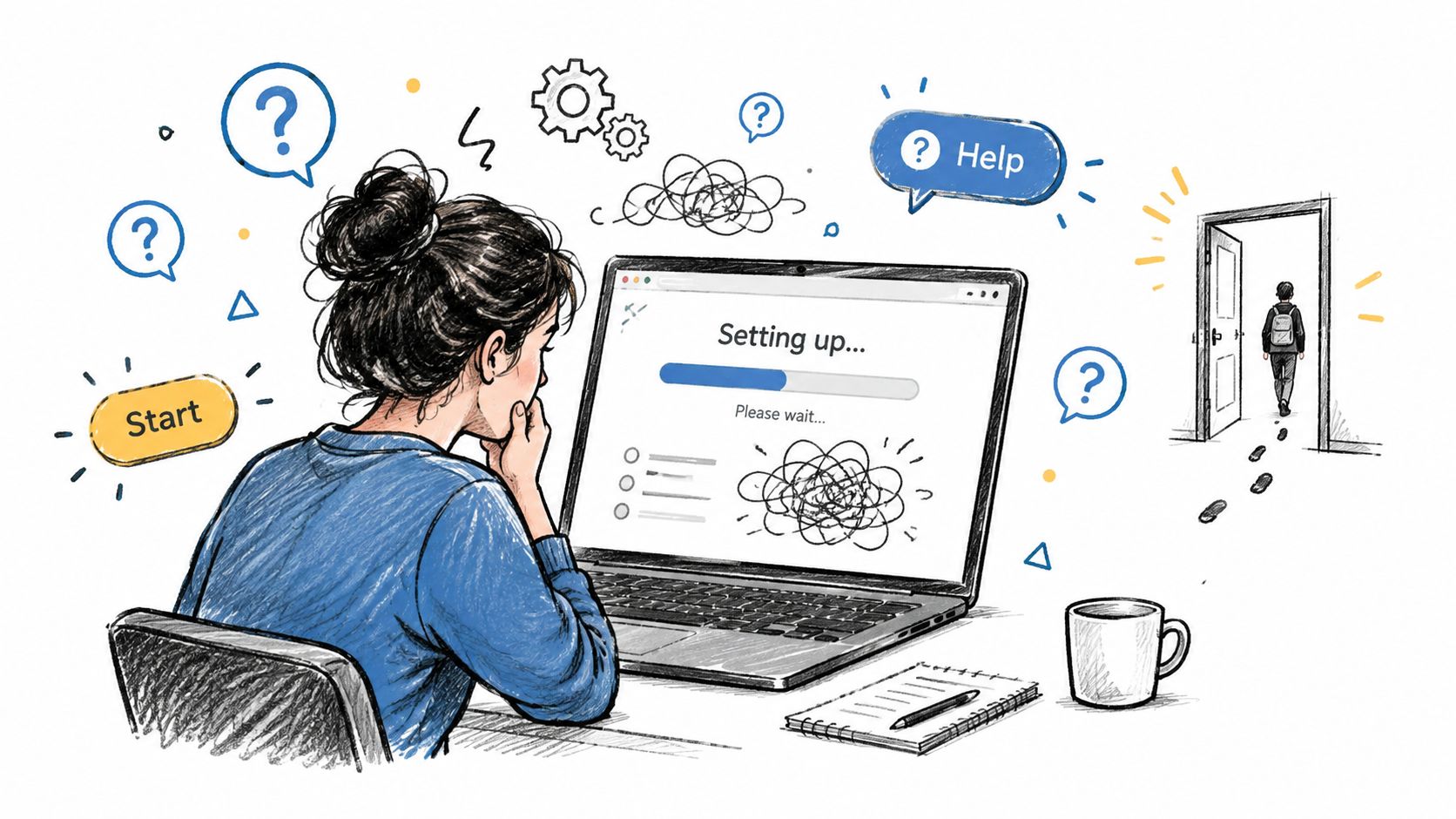 A person sitting at a laptop looking frustrated while a progress bar shows setting up, with icons surrounding.