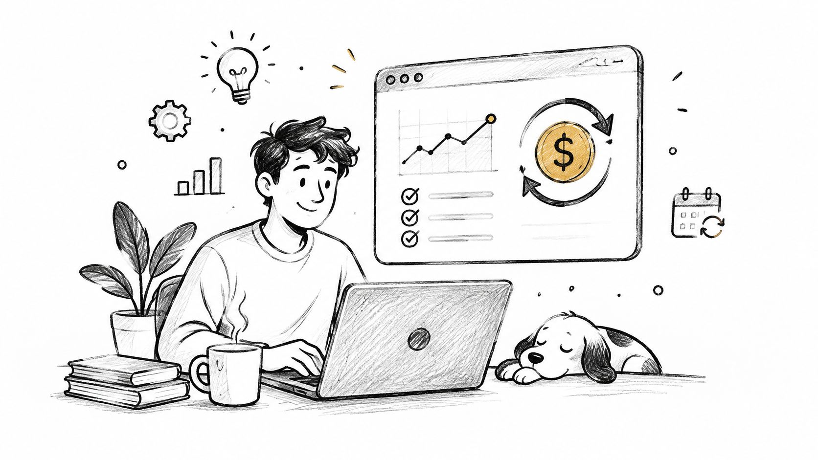 A person working on a laptop at a desk with a sleeping dog, financial charts, and icons.