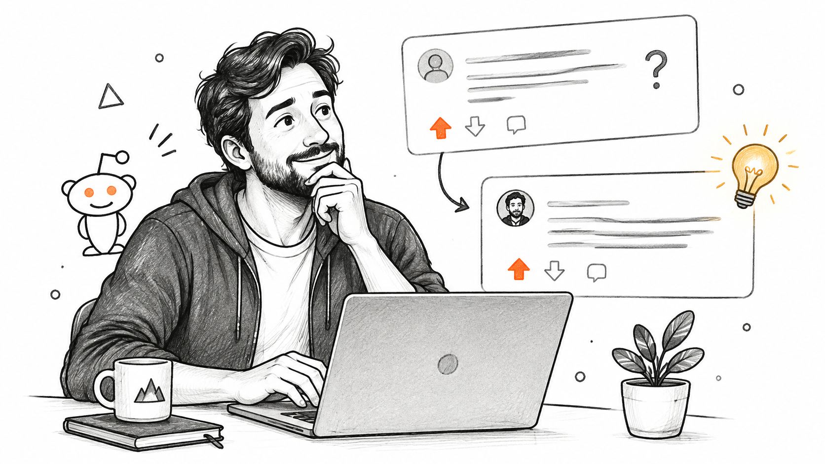 A man thoughtfully engaging with Reddit content on his laptop to develop organic lead generation strategies.