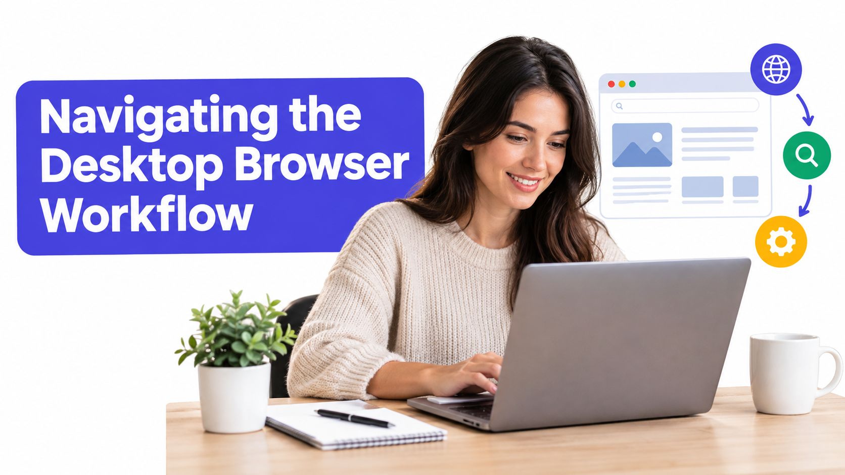 A smiling woman using a laptop computer to research and navigate a desktop browser workflow online.