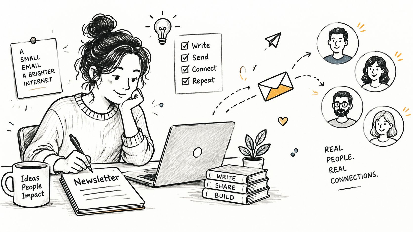 A hand-drawn illustration of a woman working on a newsletter, connecting with real people online.