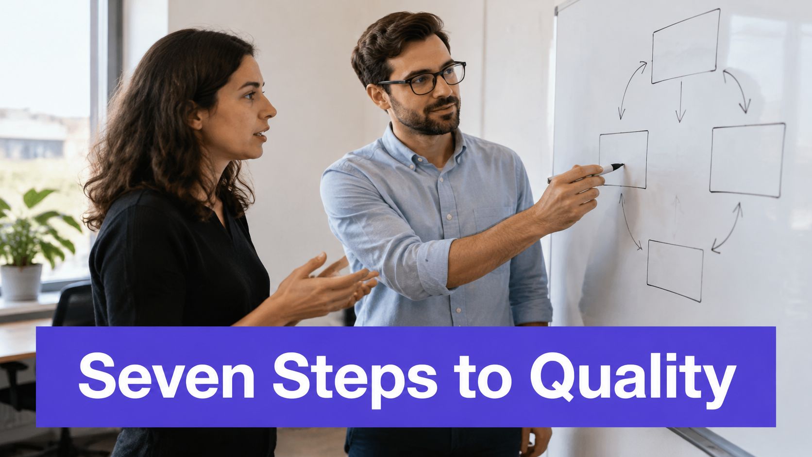 A professional man and woman collaborating on quality assurance process diagrams using a whiteboard in an office.