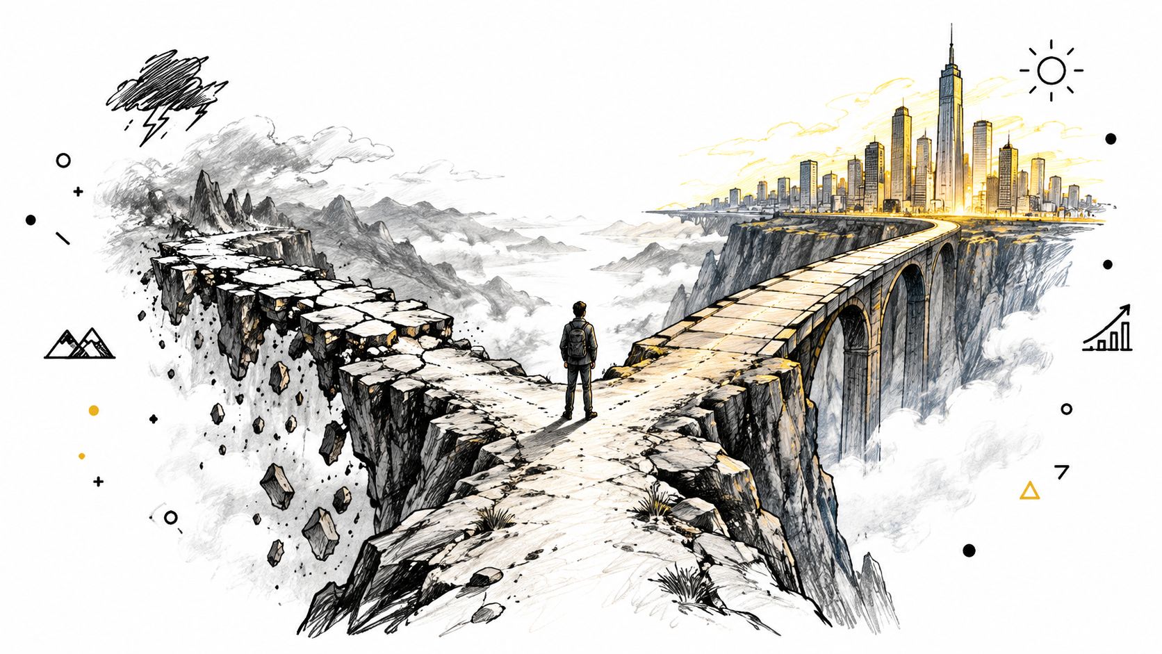 A person standing on a crumbling cliff path facing a bridge leading towards a modern city skyline.