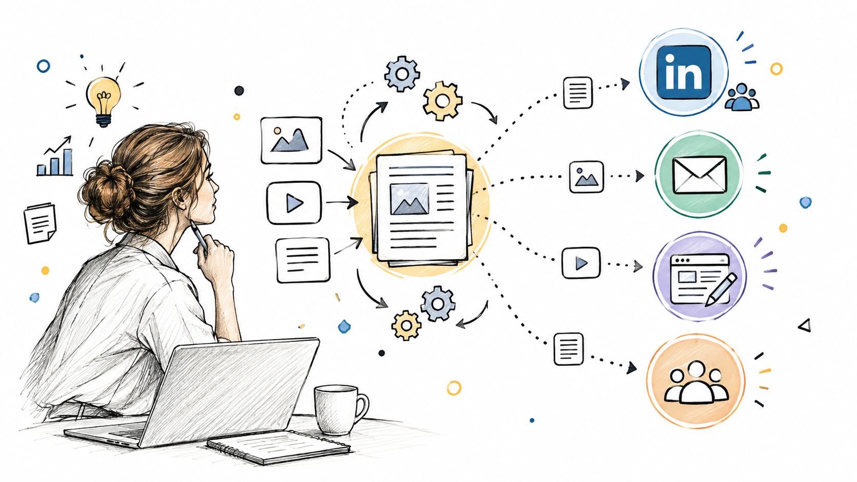 A woman at a desk visualizing content marketing automation process with icons for multi-channel distribution.