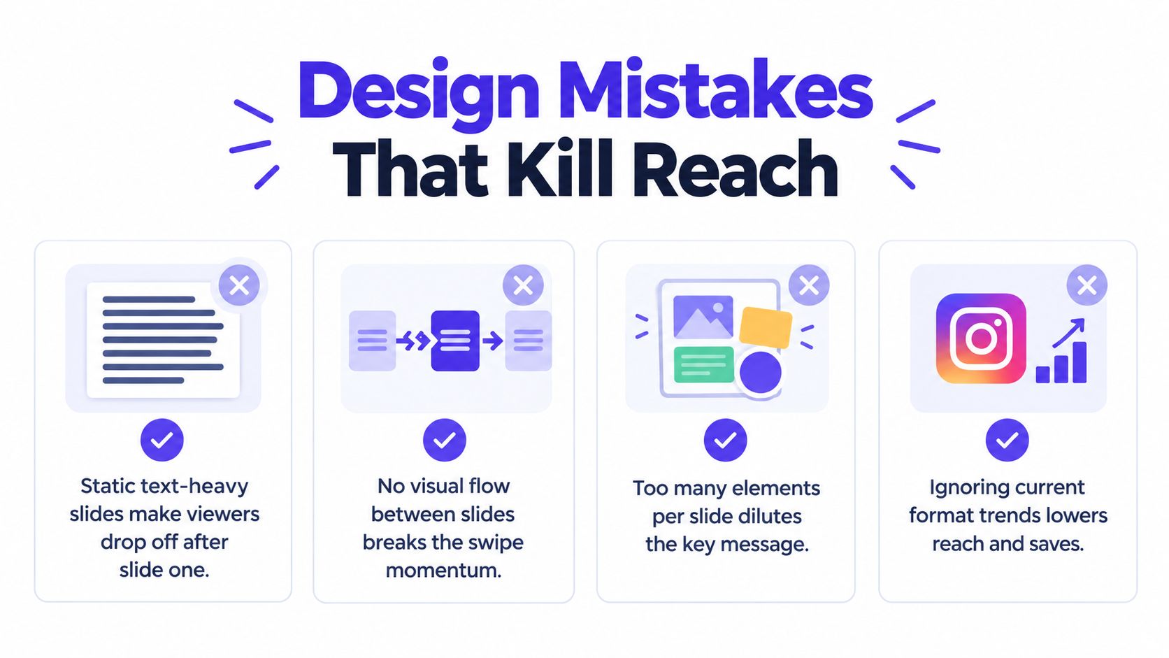 A graphic highlighting four common design mistakes that negatively impact reach for Instagram carousel slides.