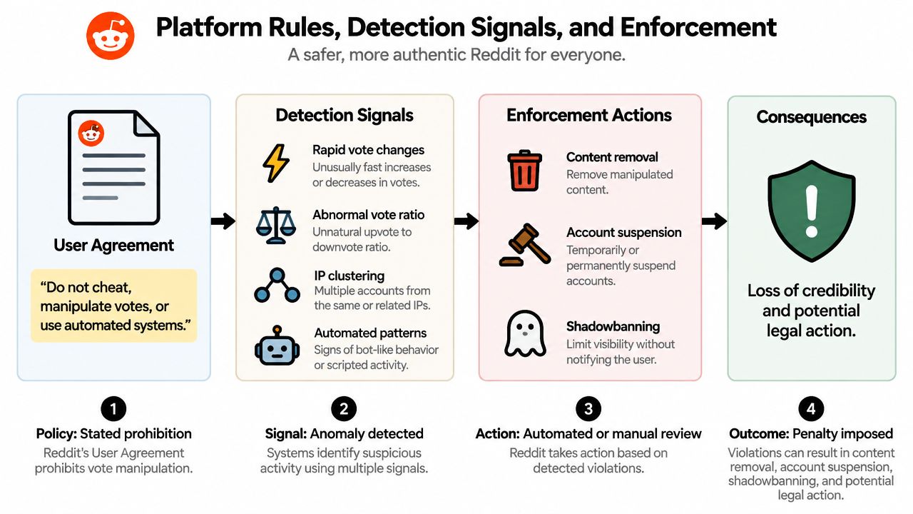 A diagram illustrating Reddit's policy against vote manipulation, detection signals, enforcement actions, and potential consequences for users.